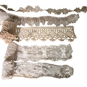 Vintage Lace Trim Lot Crochet Embroidered Ribbon Ivory Cream Junk Journal 5pc